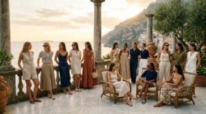 A group of models on a coastal marble terrace at golden hour showcasing old money summer outfits.
