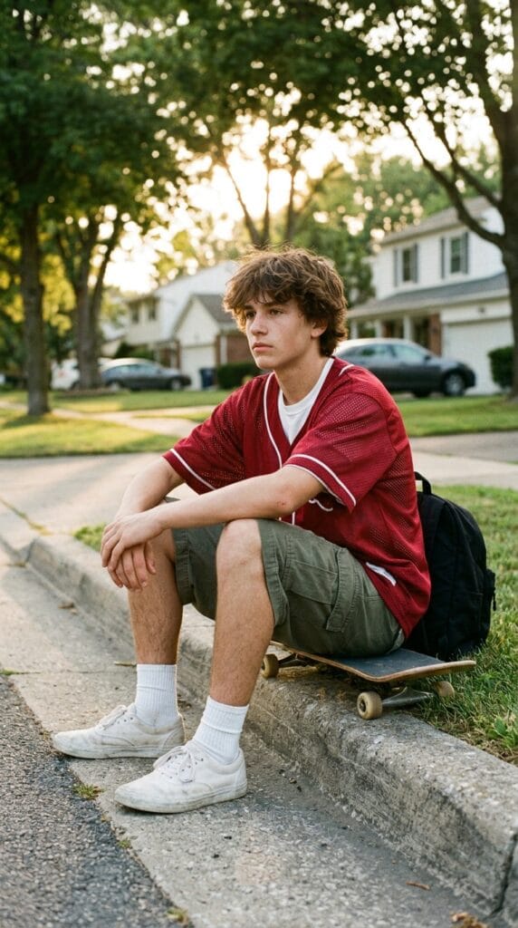 Skater Boy Summer Outfits for Teens That Are Effortlessly Cool 3 Teen skater wearing a red mesh jersey and olive cargo shorts sitting on a skateboard.