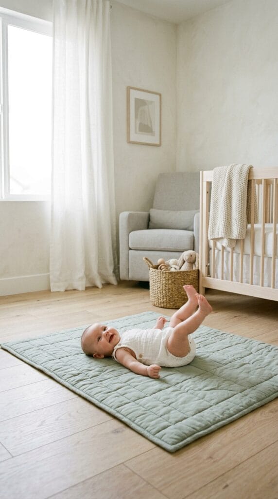 Adorable Newborn Summer Outfits for Boys and Girls 7 Newborn baby kicking on a playmat wearing a white organic cotton gauze sleeveless bubble romper.