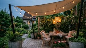 Cozy backyard patio at dusk with glowing string lights and wooden trellis panels.