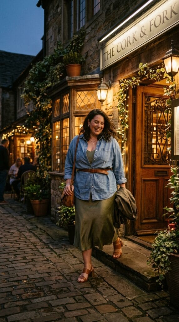 Plus size woman wearing chambray shirt belted over a slip dress.