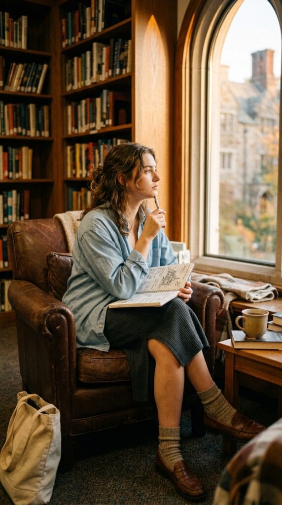 Teacher Outfit Ideas for Back to School: First-Week Looks That Make an Impression 11 Woman in oversized chambray shirt and ribbed midi skirt sitting in the library.