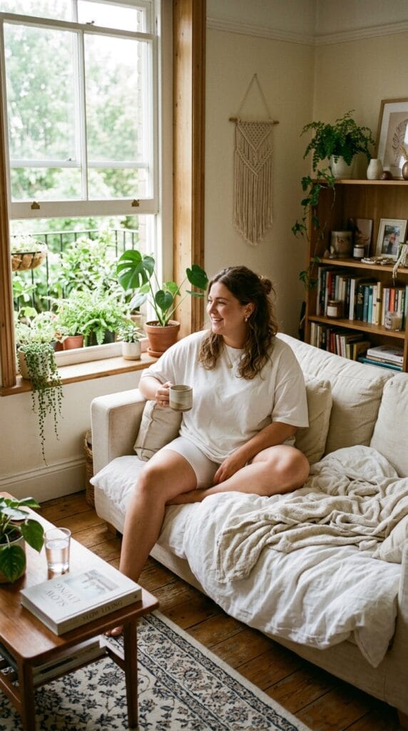 Plus size woman in oversized cotton jersey tee and bike shorts at home.
