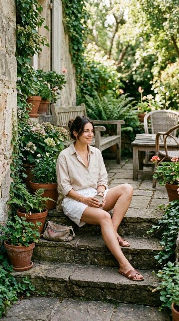 Modest Summer Outfits That Work for Every Occasion 6 Woman in an oversized cotton shirt and wide-leg shorts on a patio
