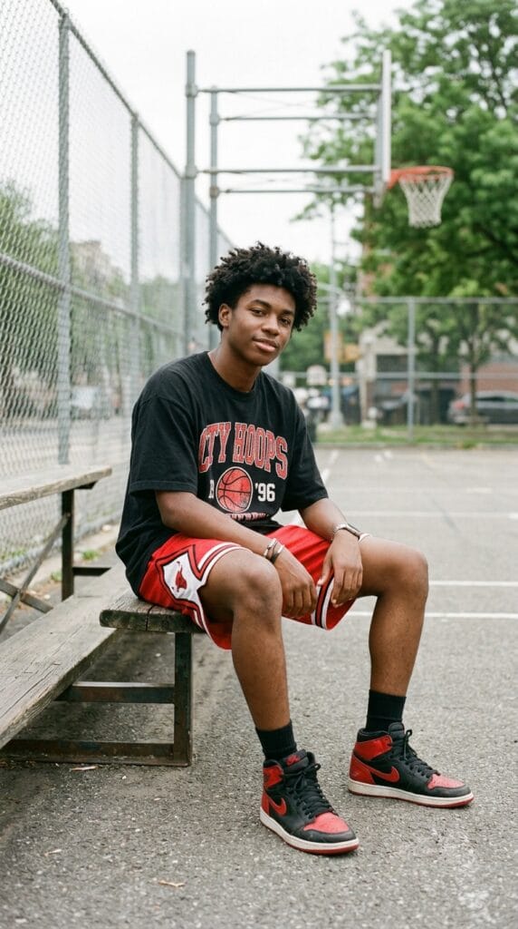 Skater Boy Summer Outfits for Teens That Are Effortlessly Cool 10 Teen wearing an oversized black graphic shirt and red mesh athletic shorts.