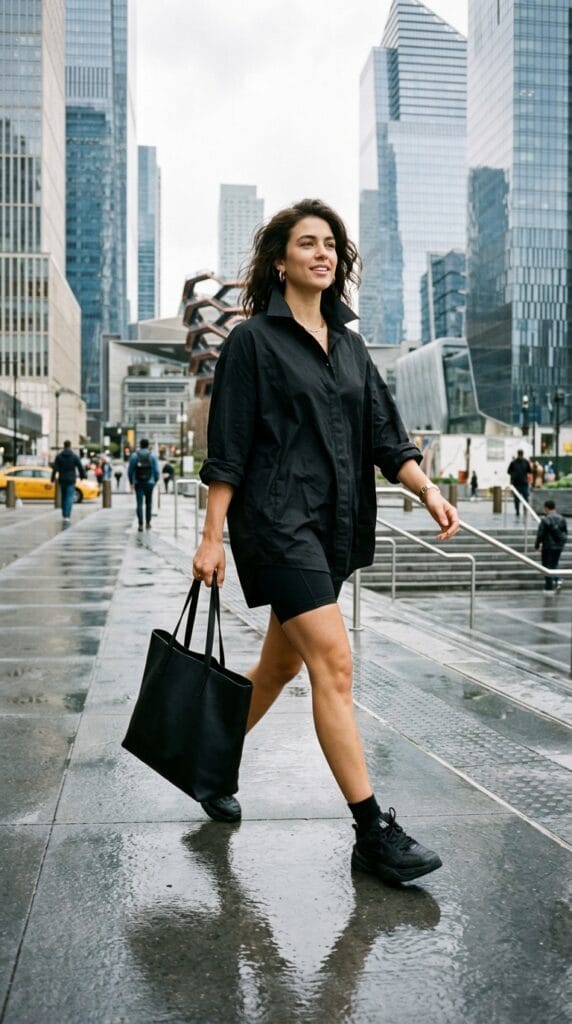 A woman wearing an oversized black poplin button-down with black bike shorts.