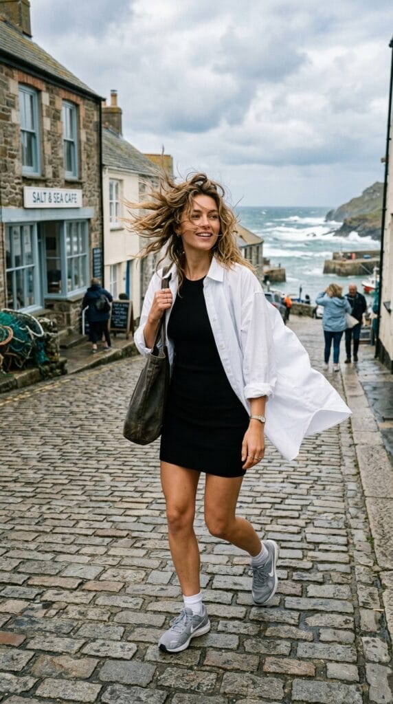 How to Style Summer Dresses with Sneakers (13+ Outfit Ideas) 10 Woman in white oversized poplin shirt, black knit mini, and grey sneakers.