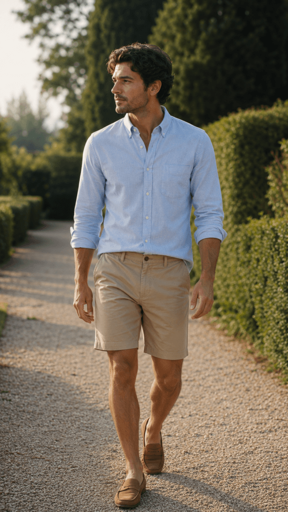 Man in pale blue oxford button-down with rolled sleeves and khaki chino shorts outdoors.