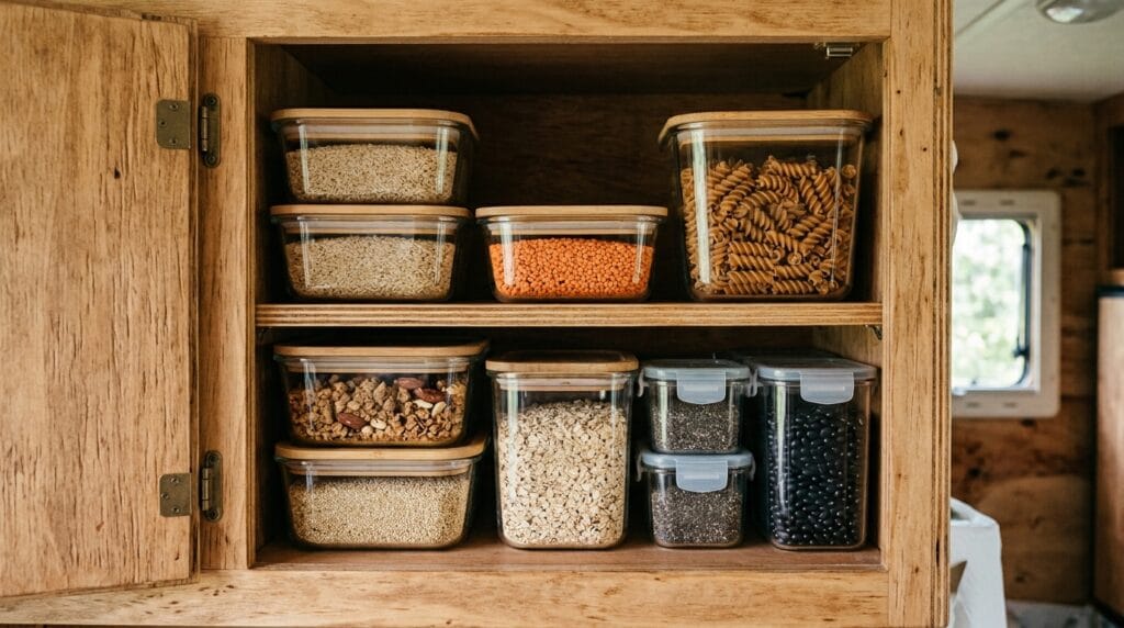 Stackable pantry containers holding dry goods neatly inside a compact camper cabinet space.