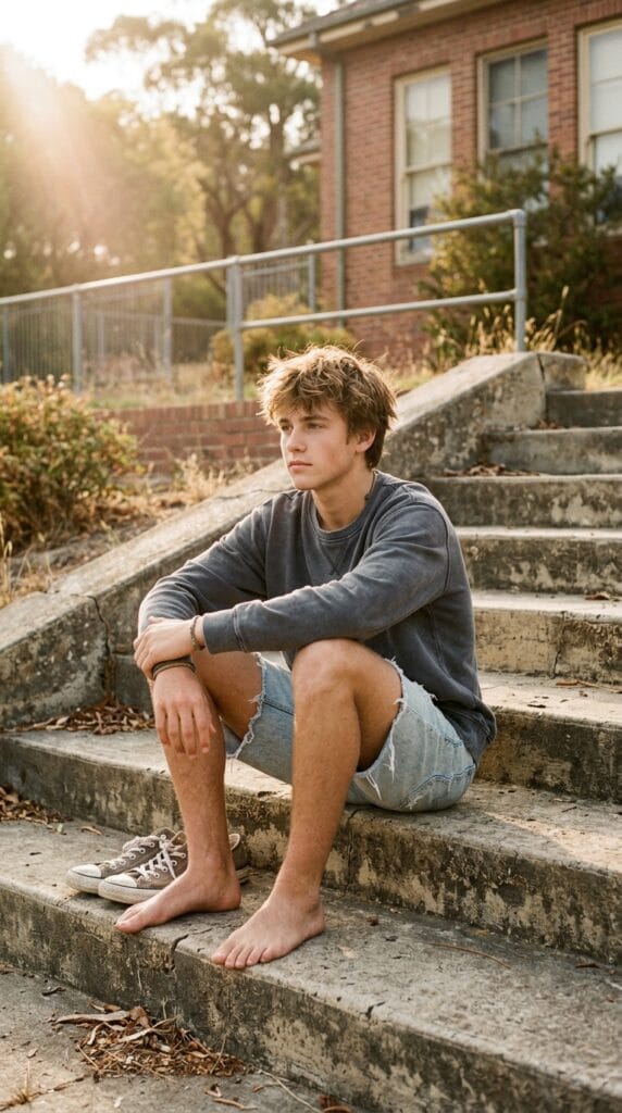 Skater Boy Summer Outfits for Teens That Are Effortlessly Cool 8 Teen wearing a faded crewneck sweatshirt and light wash frayed denim shorts.