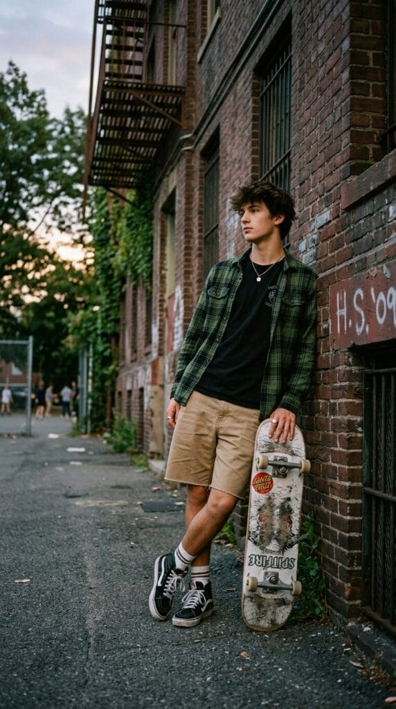 Skater Boy Summer Outfits for Teens That Are Effortlessly Cool 11 Teen skater wearing an open green plaid flannel shirt and khaki twill shorts.