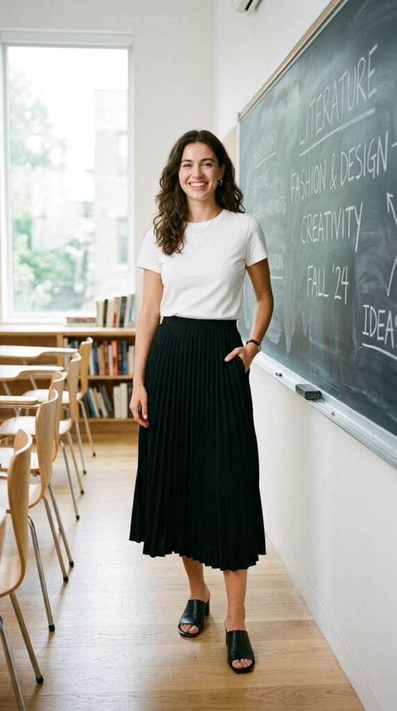 Teacher Outfit Ideas for Back to School: First-Week Looks That Make an Impression 5 Woman wearing a black pleated crepe skirt and white cotton top by a blackboard.