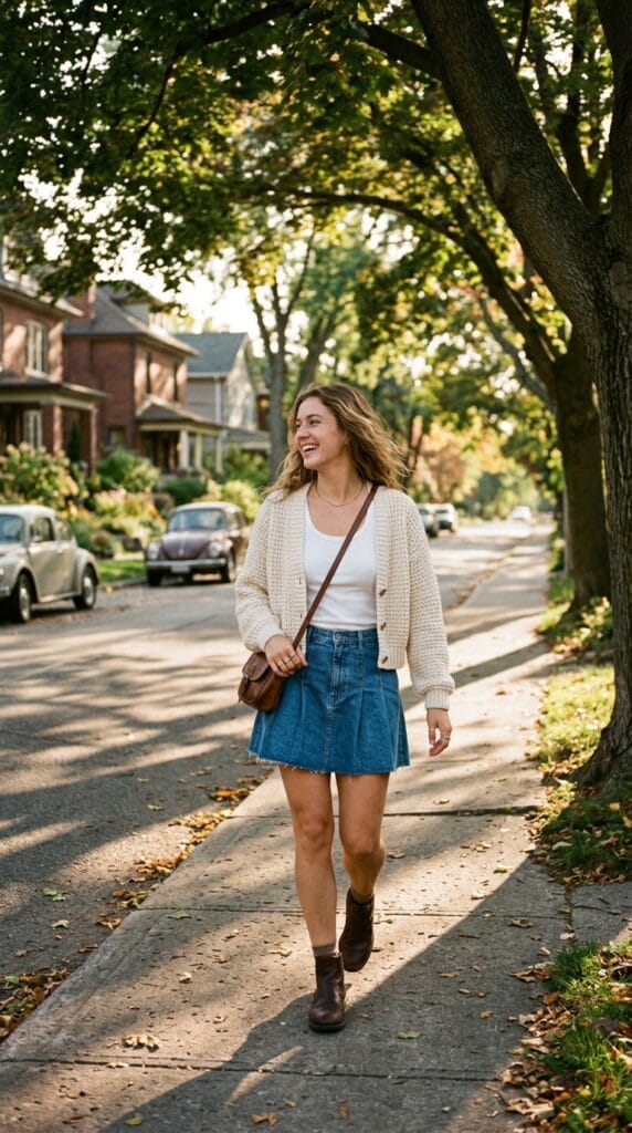 Denim Mini Skirt Outfit Ideas for Summer That Are Y2K and Casual 3 Pleated denim mini skirt paired with an open cropped knit cardigan