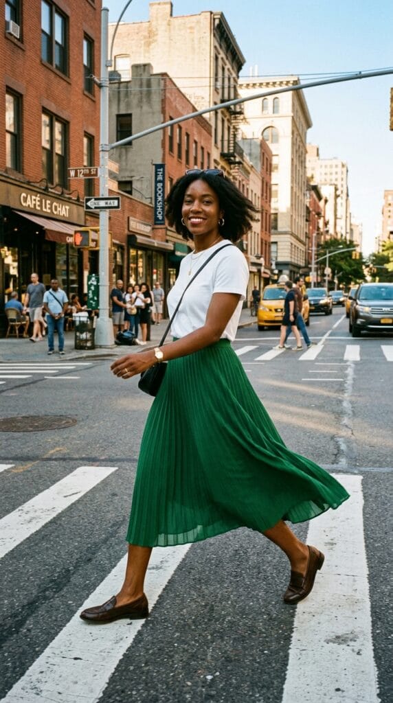 Forest green pleated georgette midi skirt with a tucked-in white t-shirt.