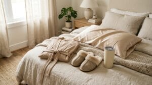 Curated collection of luxury postpartum gifts in a soft, naturally lit bedroom setting.