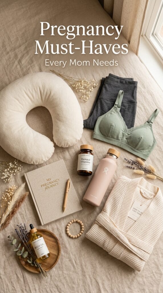 A cozy flat lay showing pregnancy must-haves for expecting moms including a pregnancy pillow, maternity leggings, prenatal vitamins, journal, water bottle, and self-care essentials.