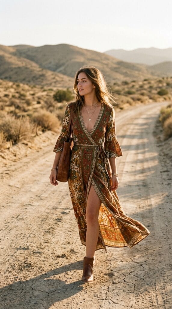 Woman walking in printed rayon wrap maxi dress with side slit on desert road