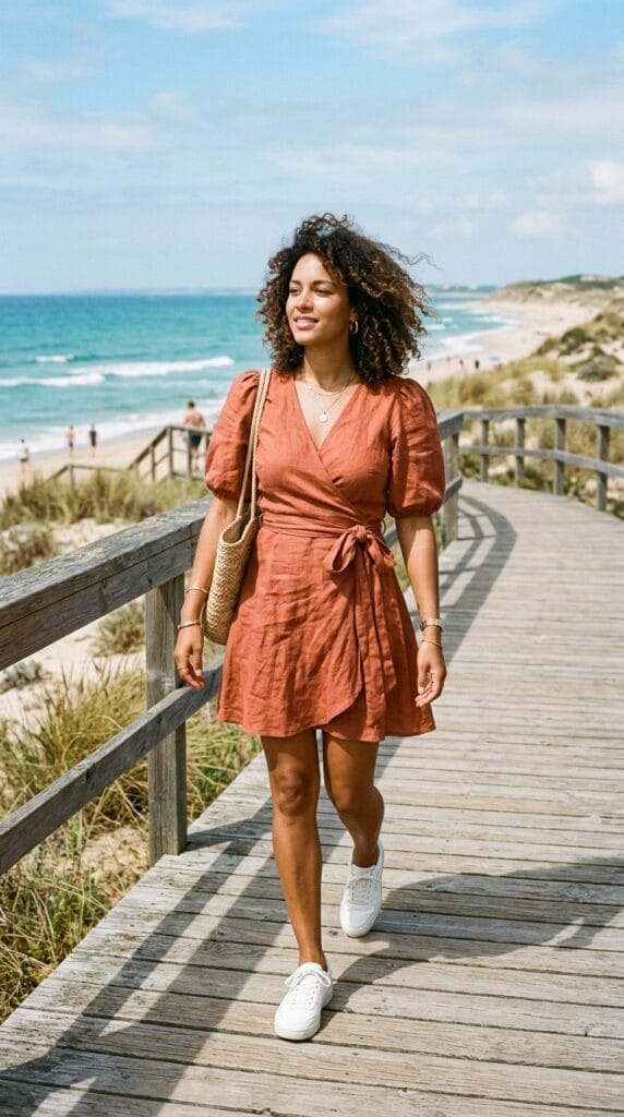 How to Style Summer Dresses with Sneakers (13+ Outfit Ideas) 3 Woman in terracotta linen wrap mini dress and white court sneakers walking on boardwalk.