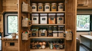 Organized RV galley kitchen pantry featuring clean storage bins and labeled glass jars.