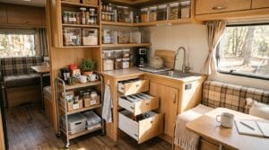 Organized camper interior with labeled bins, baskets, and drawer organizers arranged neatly throughout the space.