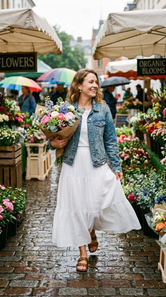A woman in a denim jacket and white tiered cotton gauze maxi skirt.
