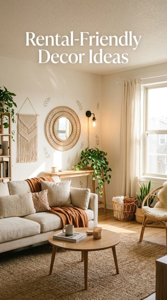 A stylish rental apartment decorated with removable wall decor, a rattan mirror, faux plants, plug-in lighting, and other renter-friendly home accessories.