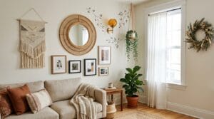 A softly lit apartment living space styled with woven, fabric, and greenery decor accents