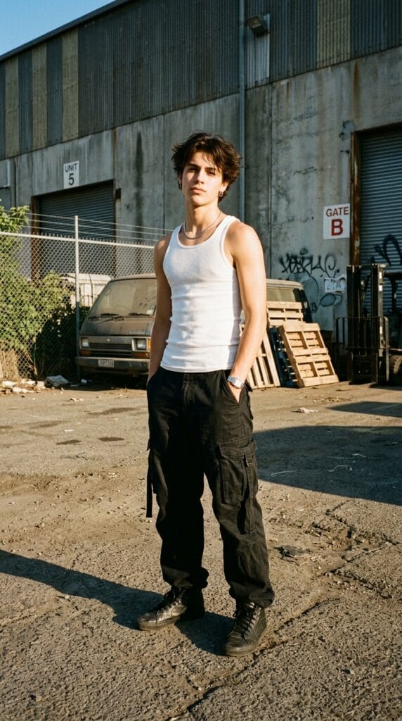 Skater Boy Summer Outfits for Teens That Are Effortlessly Cool 9 Teen skater wearing a white ribbed tank top and baggy black cargo pants.