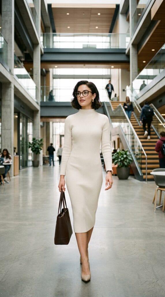 Teacher Outfit Ideas for Back to School: First-Week Looks That Make an Impression 12 Woman wearing a cream-colored ribbed knit shift midi dress in an atrium.
