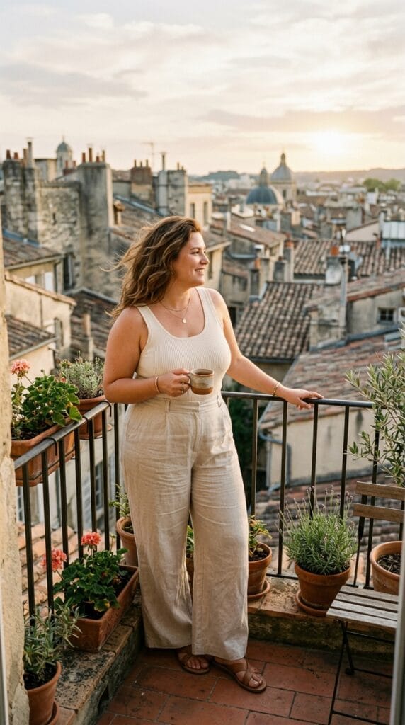 Plus size woman wearing ribbed knit tank with wide-leg linen pants outdoors.