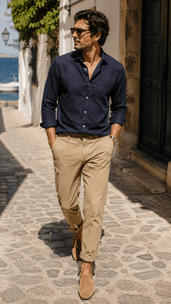 Close view of rolled tan chinos and bare ankles in tan suede loafers on cobblestones.