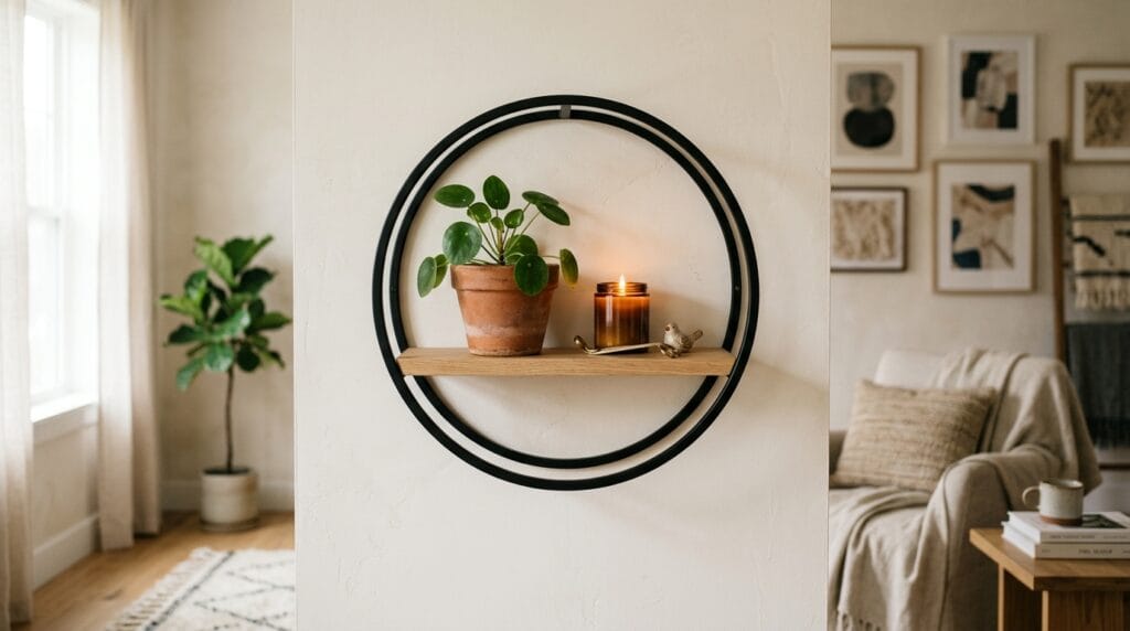 Round wood shelf with a black metal frame holding a candle and small plant.