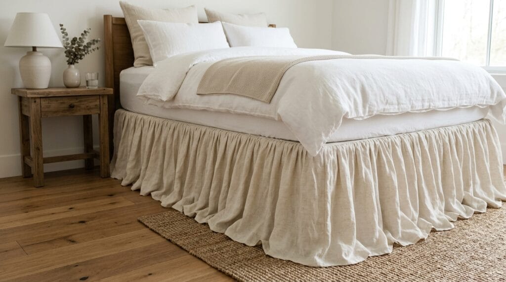 Coquette bedroom decor: soft, feminine, and utterly pretty 10 Ruffled bed skirt cascading softly around the base of a bedroom bed frame.