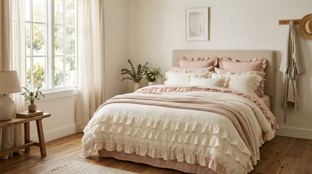 Coquette bedroom decor: soft, feminine, and utterly pretty 2 Ruffled blush and ivory bedding set styled neatly across a softly lit bed.