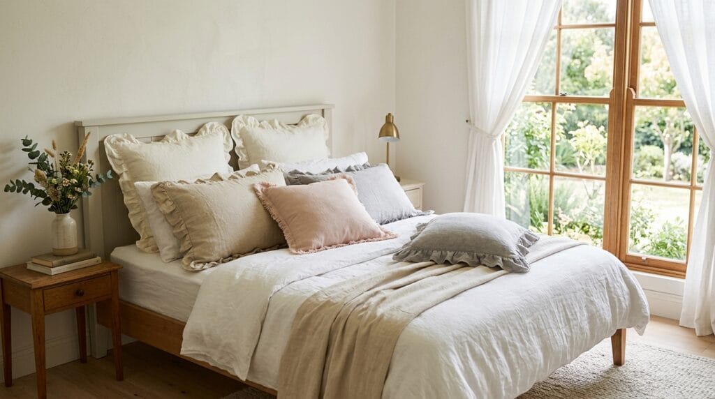 Coquette bedroom decor: soft, feminine, and utterly pretty 6 Ruffled pillow covers arranged neatly across a softly lit bedroom bed near a window.