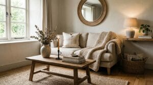 Rustic living room styled with natural wood, woven textures, and warm earthy decor accents.