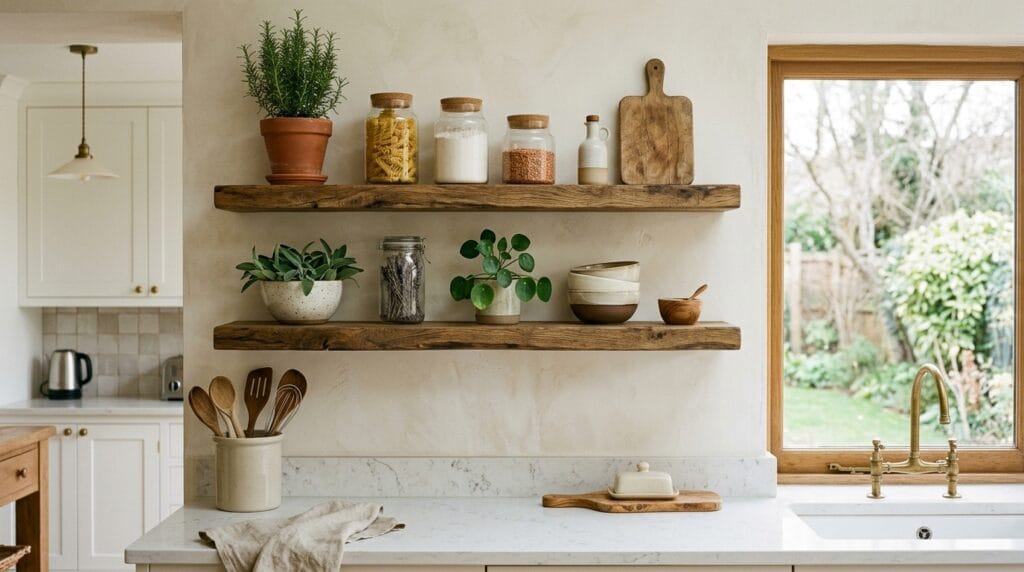 Rustic wood shelves above a kitchen counter holding jars, mugs, and small potted plants.