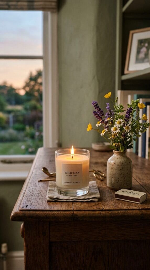 Last Minute Birthday Gifts for Her That Still Feel Incredibly Thoughtful 3 A minimalist glass jar candle lit on a wooden dresser next to wildflowers.