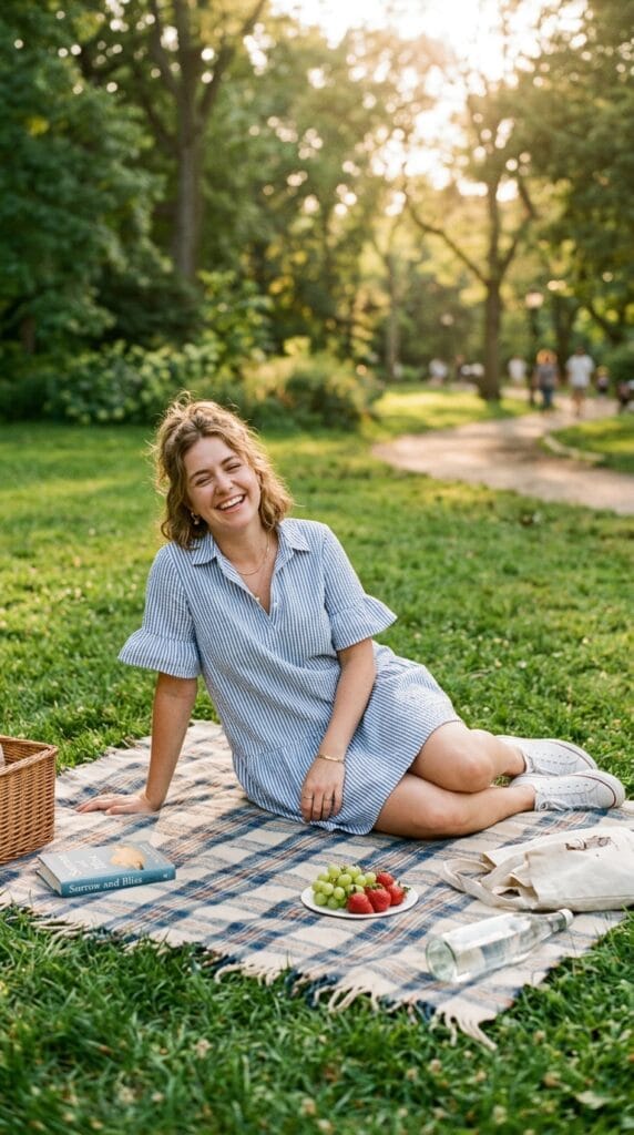 How to Style Summer Dresses with Sneakers (13+ Outfit Ideas) 15 Woman in blue seersucker drop-waist dress and white tennis sneakers on grass.
