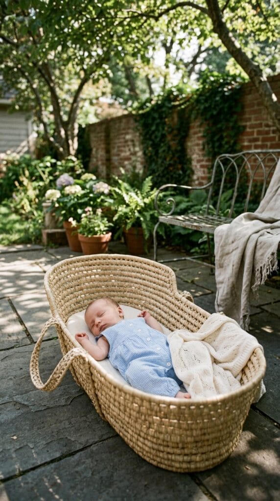 Adorable Newborn Summer Outfits for Boys and Girls 3 Newborn resting in a wicker bassinet wearing a pastel blue sleeveless seersucker romper.