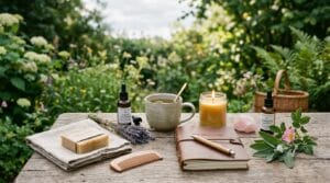 A collection of soothing self-care items arranged on a light wooden table.