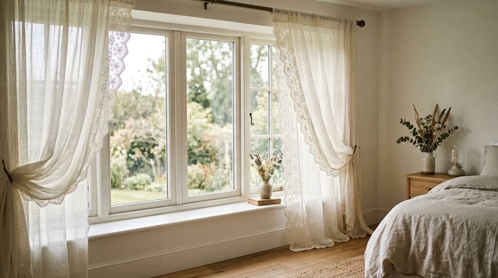Coquette bedroom decor: soft, feminine, and utterly pretty 3 Sheer lace curtains hanging softly beside a bright, naturally lit bedroom window during daytime.