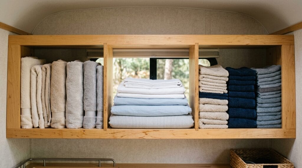 Camper shelf with metal dividers separating folded towels and linens in upright sections.
