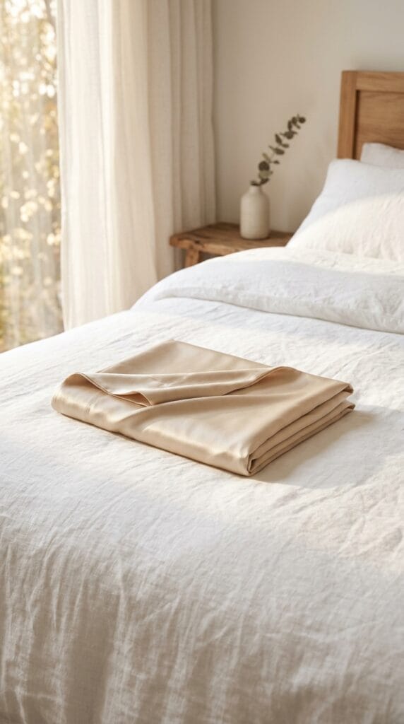 Last Minute Birthday Gifts for Her That Still Feel Incredibly Thoughtful 2 A neatly folded champagne silk pillowcase resting on a minimalist white linen bed.