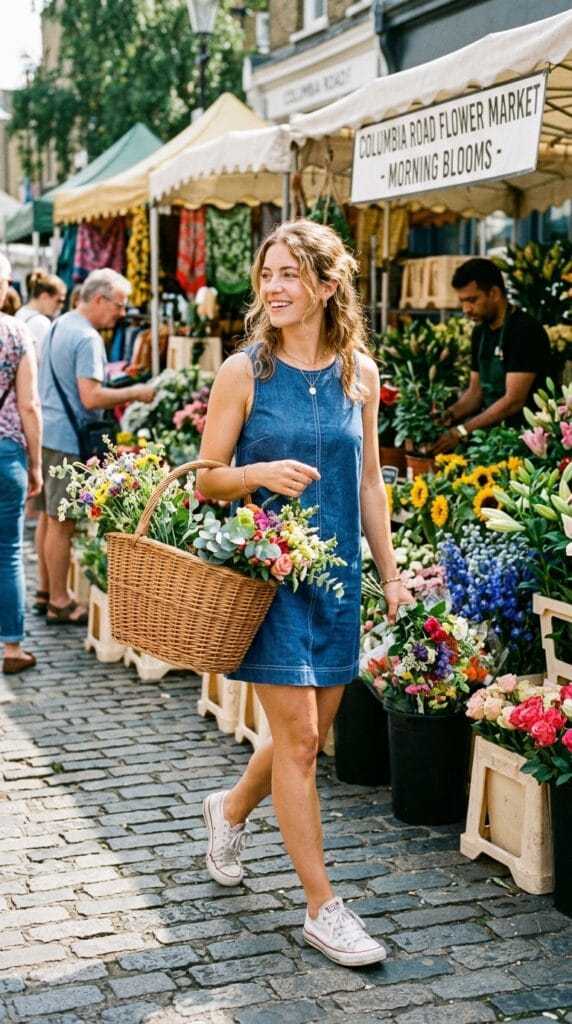 How to Style Summer Dresses with Sneakers (13+ Outfit Ideas) 5 Woman in sleeveless blue chambray shift dress and white low-top sneakers holding flowers.