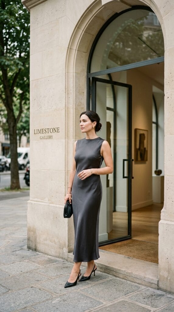 Sleek charcoal grey sleeveless silk blend column dress with a subtle mock neck.