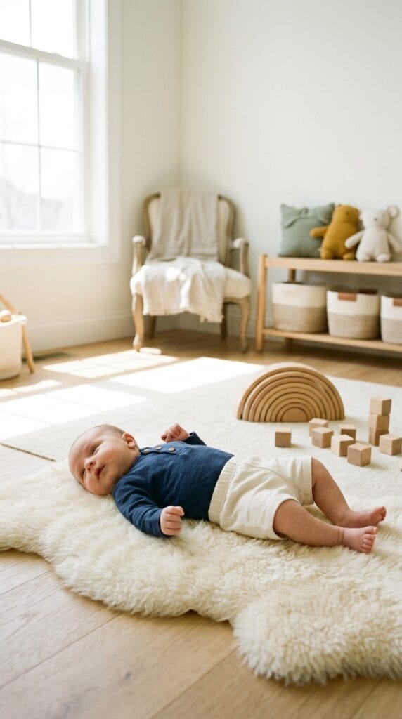 Adorable Newborn Summer Outfits for Boys and Girls 12 Newborn on a sheepskin rug wearing a navy blue slub cotton henley and shorts.