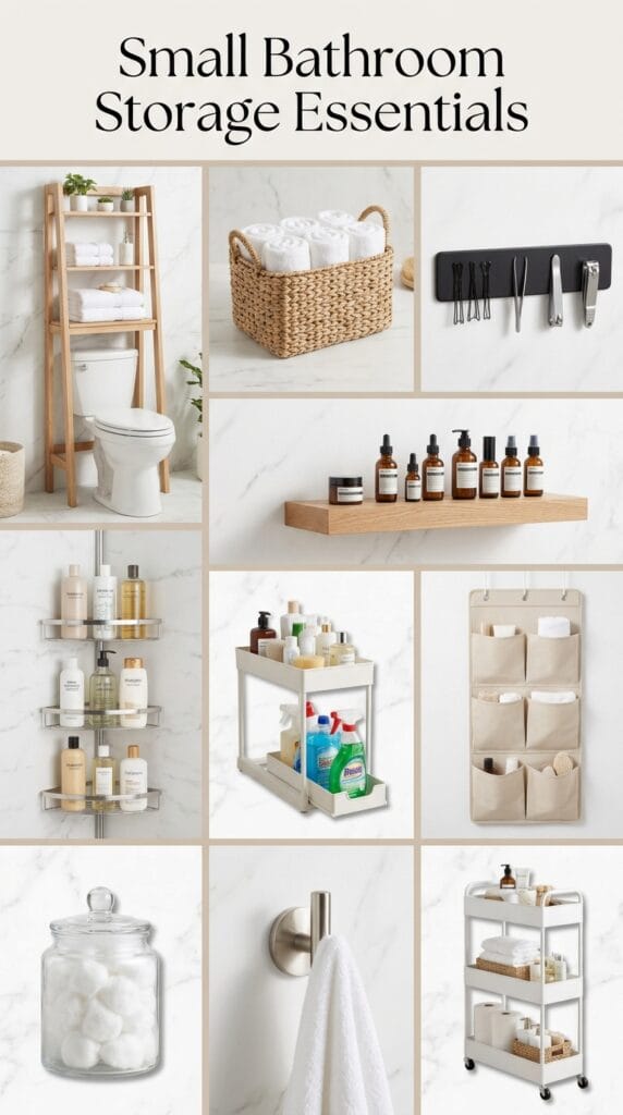 Small bathroom storage ideas that keep every inch organised 2 Bathroom storage essentials collage featuring shelves, baskets, organizers, jars, hooks, carts, and space-saving solutions.