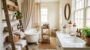 An organized small bathroom interior showing stylish, space-saving wall shelves and storage accessories.