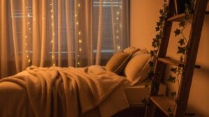 Cozy small bedroom styled with glowing string lights behind sheer curtains.